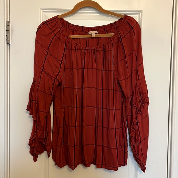 Gibson Latimer Tops - Gibson Latimer Burnt Orange & Navy Plaid LS Shirt w/Flutter Sleeves - Size M